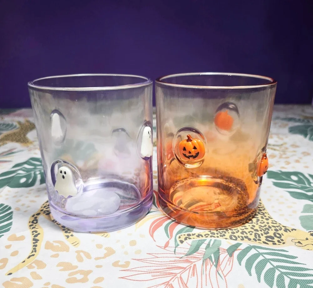 Set of 2 Halloween Glass Tumblers 3D Raised Ghost & Pumpkin Lowball Rocks Glasse